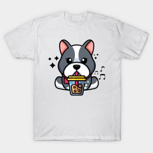 Cute bulldog drinking boba milk tea cartoon T-Shirt